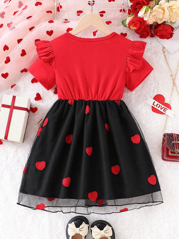 Girl Young Girl' Heart Print Cap Sleeve Mesh Casual Comfortable Fashion Mini Dress, Spring/Summer