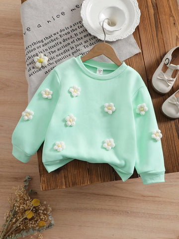 Girls/Toddler 3D Floral Decor Solid Green Long Sleeve Round Neck Casual Sweatshirt, Elegant Versatile For Everyday Wear, Spring Autumn
