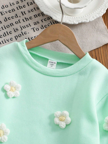 Girls/Toddler 3D Floral Decor Solid Green Long Sleeve Round Neck Casual Sweatshirt, Elegant Versatile For Everyday Wear, Spring Autumn