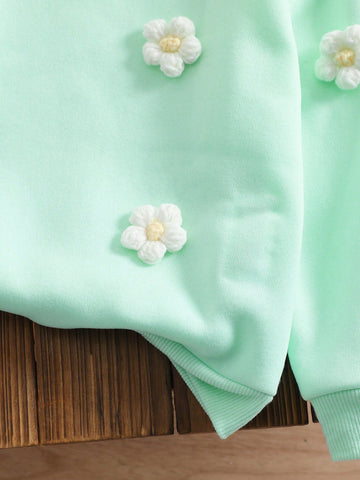 Girls/Toddler 3D Floral Decor Solid Green Long Sleeve Round Neck Casual Sweatshirt, Elegant Versatile For Everyday Wear, Spring Autumn