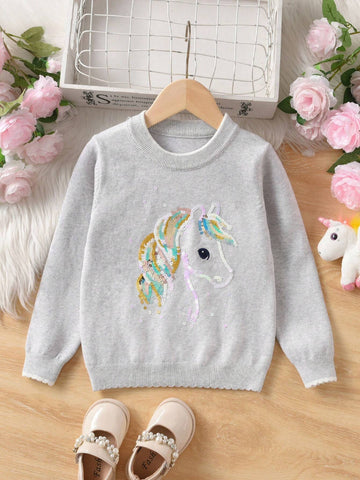 Girls/Toddlers Cute Sequin Unicorn Graphic Crew Neck Pullover Sweater, Suitable For Casual, Holiday, Spring/Autumn/Winter
