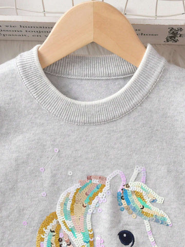 Girls/Toddlers Cute Sequin Unicorn Graphic Crew Neck Pullover Sweater, Suitable For Casual, Holiday, Spring/Autumn/Winter