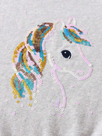 Girls/Toddlers Cute Sequin Unicorn Graphic Crew Neck Pullover Sweater, Suitable For Casual, Holiday, Spring/Autumn/Winter