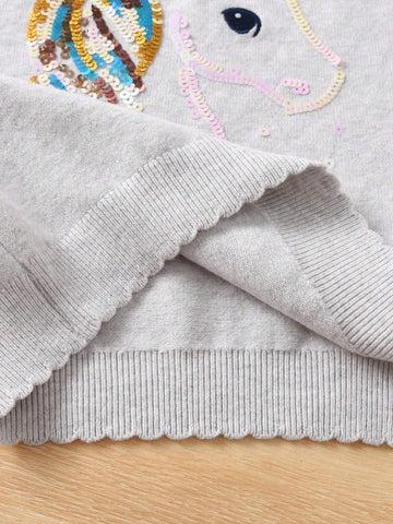 Girls/Toddlers Cute Sequin Unicorn Graphic Crew Neck Pullover Sweater, Suitable For Casual, Holiday, Spring/Autumn/Winter