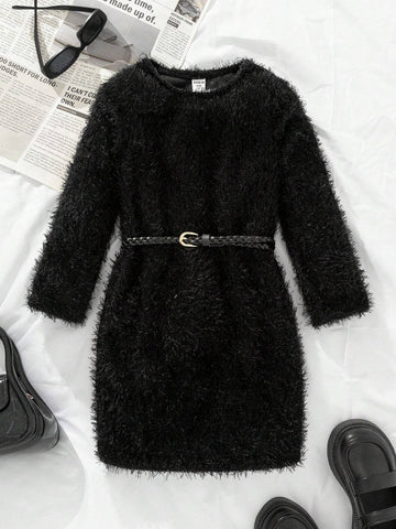 Girls/Toddlers Mohair Short Bodycon Dress, Black, Long Sleeve, Round Neck, Fitted, Elegant, Suitable For Party, Holiday, Autumn/Winter
