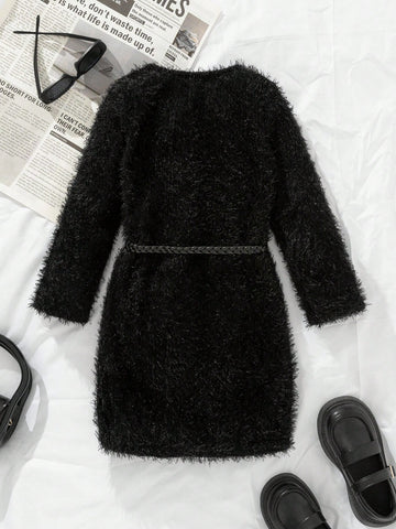 Girls/Toddlers Mohair Short Bodycon Dress, Black, Long Sleeve, Round Neck, Fitted, Elegant, Suitable For Party, Holiday, Autumn/Winter