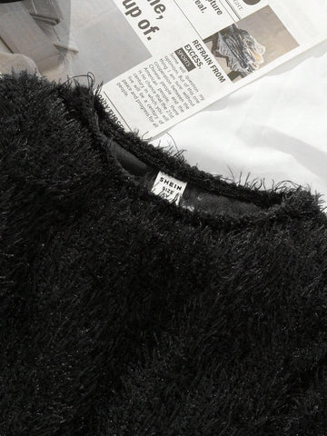 Girls/Toddlers Mohair Short Bodycon Dress, Black, Long Sleeve, Round Neck, Fitted, Elegant, Suitable For Party, Holiday, Autumn/Winter