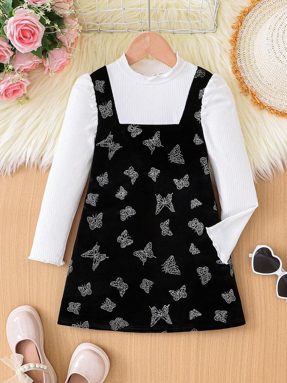 Girls 2 In 1 Ribbed & Velvet Butterfly Print Silver Foil Fabric Dress