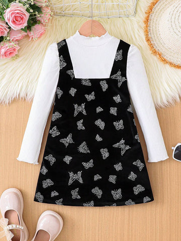 Girls 2 In 1 Ribbed & Velvet Butterfly Print Silver Foil Fabric Dress