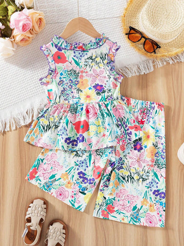 Girls' 2pcs Leisure Vacation Outfit Including Ruffled Strap Floral Tank Top With Digital Printed Green Leaves & Flowers And Loose Fit Wide Leg Pants With Matching Digital Printed Pattern, Summer