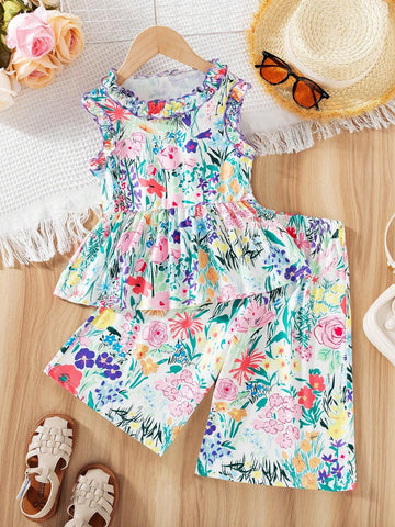 Girls' 2pcs Leisure Vacation Outfit Including Ruffled Strap Floral Tank Top With Digital Printed Green Leaves & Flowers And Loose Fit Wide Leg Pants With Matching Digital Printed Pattern, Summer