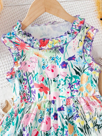 Girls' 2pcs Leisure Vacation Outfit Including Ruffled Strap Floral Tank Top With Digital Printed Green Leaves & Flowers And Loose Fit Wide Leg Pants With Matching Digital Printed Pattern, Summer