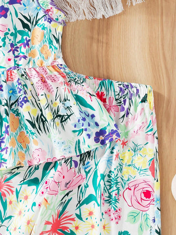 Girls' 2pcs Leisure Vacation Outfit Including Ruffled Strap Floral Tank Top With Digital Printed Green Leaves & Flowers And Loose Fit Wide Leg Pants With Matching Digital Printed Pattern, Summer