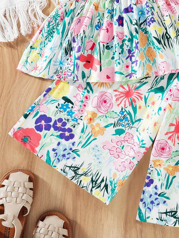 Girls' 2pcs Leisure Vacation Outfit Including Ruffled Strap Floral Tank Top With Digital Printed Green Leaves & Flowers And Loose Fit Wide Leg Pants With Matching Digital Printed Pattern, Summer