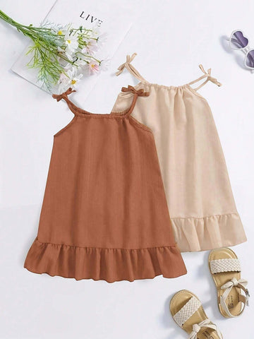 Girls 2pcs Ruffle Hem Cami Dress