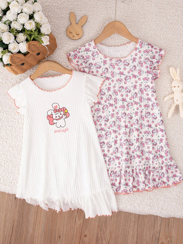 Girls' 2pcs Simple & Cute Rabbit Printed Dress With Ruffled Hem And Sleeves