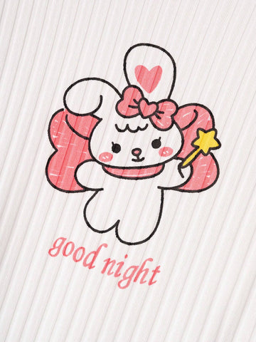 Girls' 2pcs Simple & Cute Rabbit Printed Dress With Ruffled Hem And Sleeves