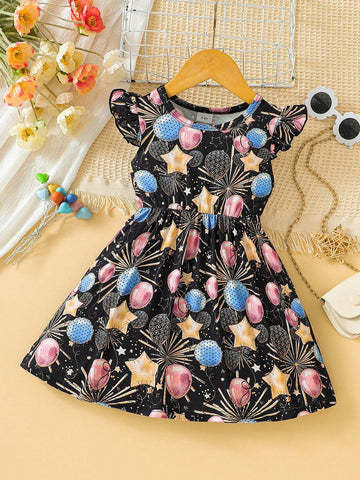 Girls" 3-7 Years Old Balloon, Star, And Fireworks Printed Casual Dress