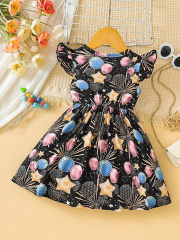 Girls" 3-7 Years Old Balloon, Star, And Fireworks Printed Casual Dress