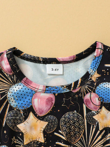 Girls" 3-7 Years Old Balloon, Star, And Fireworks Printed Casual Dress