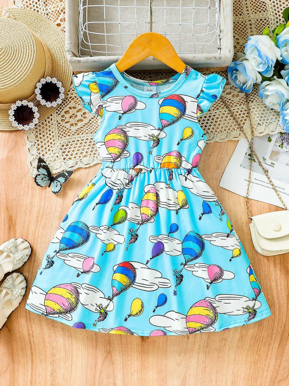 Girls" 3-7 Years Old Casual Dress With Balloon And Cloud Print