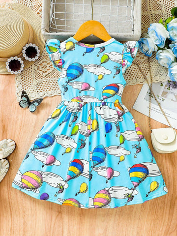 Girls" 3-7 Years Old Casual Dress With Balloon And Cloud Print