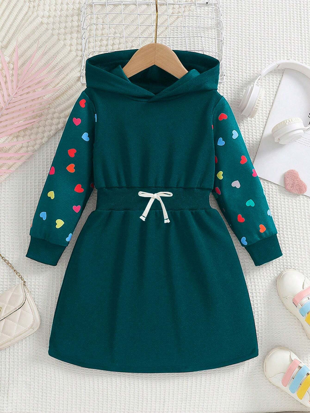 Girls 3D Bow Splice Sleeve Colorful Heart Print Drawstring Hooded Casual Long Dress