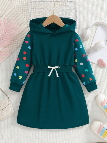 Girls 3D Bow Splice Sleeve Colorful Heart Print Drawstring Hooded Casual Long Dress