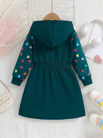 Girls 3D Bow Splice Sleeve Colorful Heart Print Drawstring Hooded Casual Long Dress