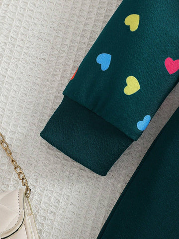 Girls 3D Bow Splice Sleeve Colorful Heart Print Drawstring Hooded Casual Long Dress