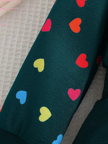 Girls 3D Bow Splice Sleeve Colorful Heart Print Drawstring Hooded Casual Long Dress