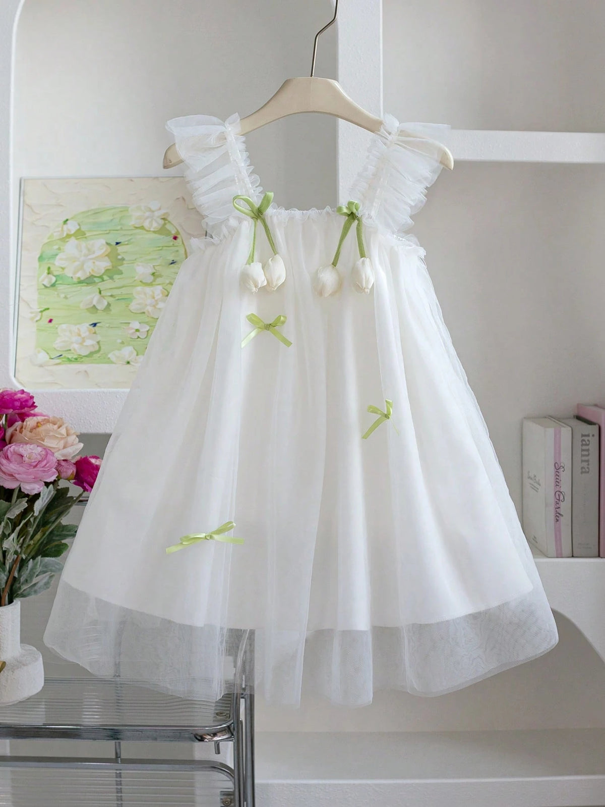 Girls 3D Floral Print Dress, Suitable For Party, Daily Commute, Parties, Displaying Luxurious, And Elegant Style