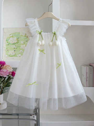 Girls 3D Floral Print Dress, Suitable For Party, Daily Commute, Parties, Displaying Luxurious, And Elegant Style