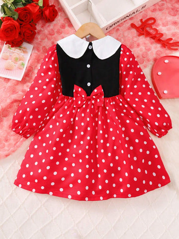 Girls 4-7Y Fashion Peter Pan Collar Dress, Half Cardigan With Bow Splice Polka Dot Print Long Sleeve Dress