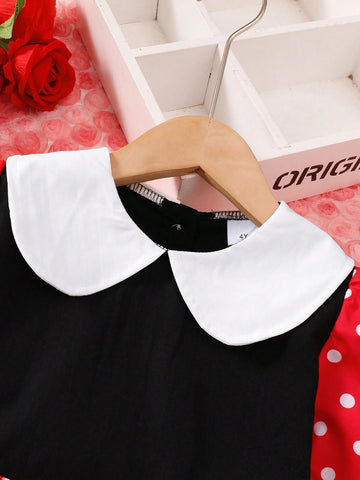 Girls 4-7Y Fashion Peter Pan Collar Dress, Half Cardigan With Bow Splice Polka Dot Print Long Sleeve Dress