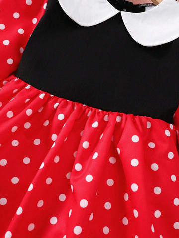 Girls 4-7Y Fashion Peter Pan Collar Dress, Half Cardigan With Bow Splice Polka Dot Print Long Sleeve Dress