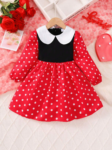 Girls 4-7Y Fashion Peter Pan Collar Dress, Half Cardigan With Bow Splice Polka Dot Print Long Sleeve Dress