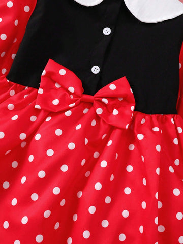 Girls 4-7Y Fashion Peter Pan Collar Dress, Half Cardigan With Bow Splice Polka Dot Print Long Sleeve Dress
