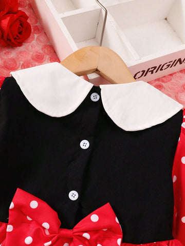 Girls 4-7Y Fashion Peter Pan Collar Dress, Half Cardigan With Bow Splice Polka Dot Print Long Sleeve Dress