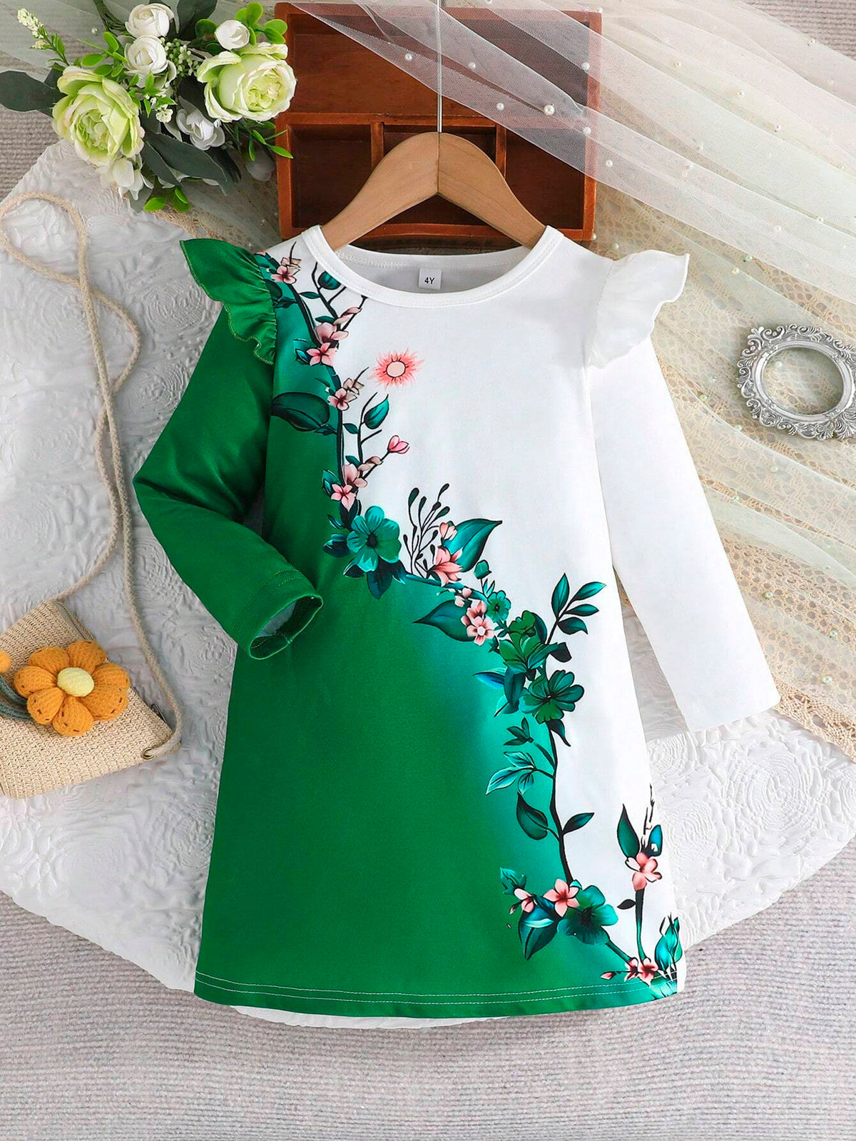 Girls' 4-7 Years Floral Print Ruffle Trim Color Block Long Sleeve Elegant Dress