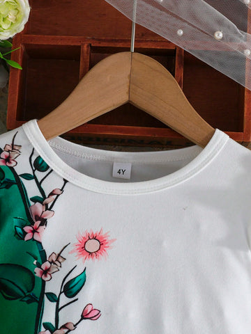 Girls' 4-7 Years Floral Print Ruffle Trim Color Block Long Sleeve Elegant Dress