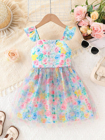 Girls' 4-7 Years Lace Applique Cap Sleeve Floral Waist Net Tulle Dress