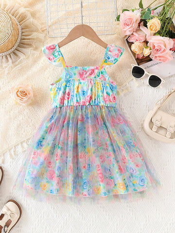 Girls' 4-7 Years Lace Applique Cap Sleeve Floral Waist Net Tulle Dress