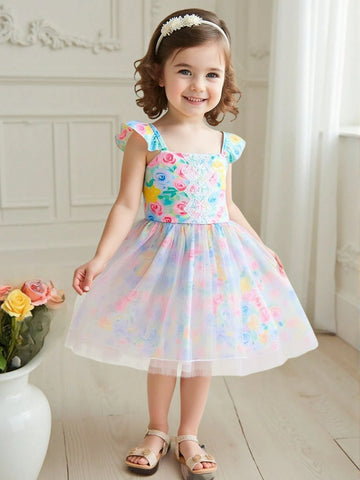 Girls' 4-7 Years Lace Applique Cap Sleeve Floral Waist Net Tulle Dress