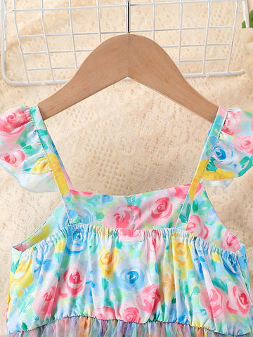 Girls' 4-7 Years Lace Applique Cap Sleeve Floral Waist Net Tulle Dress