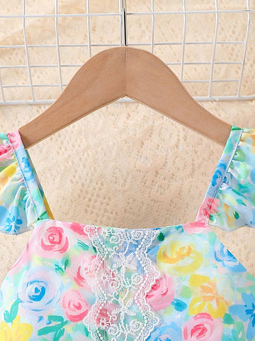 Girls' 4-7 Years Lace Applique Cap Sleeve Floral Waist Net Tulle Dress