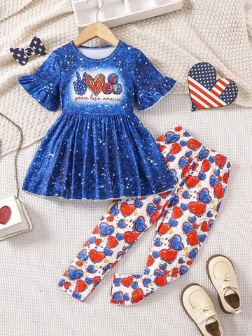Girls" 4th Of July Independence Day 2pcs Set, Featuring Peace & Heart & USA Print Dress And Heart & Full Print Pattern Leggings