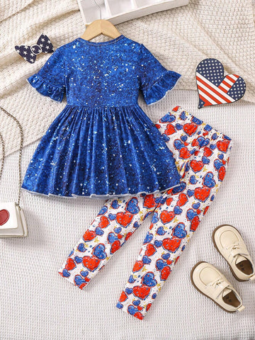 Girls" 4th Of July Independence Day 2pcs Set, Featuring Peace & Heart & USA Print Dress And Heart & Full Print Pattern Leggings