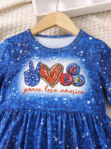 Girls" 4th Of July Independence Day 2pcs Set, Featuring Peace & Heart & USA Print Dress And Heart & Full Print Pattern Leggings