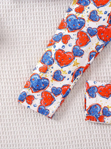 Girls" 4th Of July Independence Day 2pcs Set, Featuring Peace & Heart & USA Print Dress And Heart & Full Print Pattern Leggings